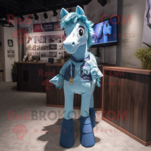 Blue Mare mascot costume character dressed with Blouse and Suspenders