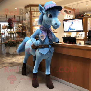 Blue Mare mascot costume character dressed with Blouse and Suspenders