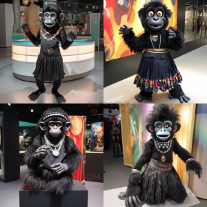 Personaggio del costume della mascotte Black Monkey vestito con gonna a pieghe e braccialetti