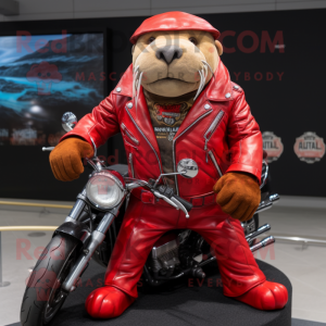 Red Walrus mascot costume character dressed with Biker Jacket and Bracelets