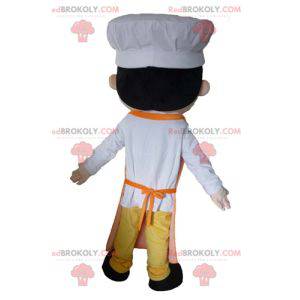 Asiatisk kockmaskot med ett förkläde och en kockhatt -