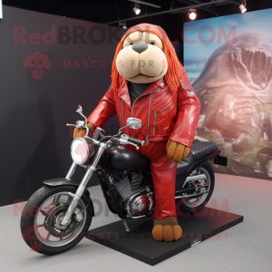 Personaje de traje de mascota de morsa roja vestido con chaqueta de motociclista y pulseras
