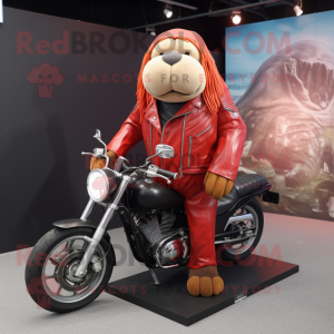 Red Walrus mascot costume character dressed with Biker Jacket and Bracelets