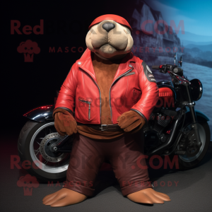 Red Walrus mascot costume character dressed with Biker Jacket and Bracelets