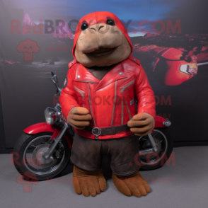 Red Walrus mascot costume character dressed with Biker Jacket and Bracelets