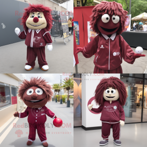 Maroon petanque ball mascot costume character dressed with Windbreaker and Hair clips