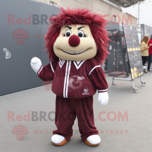 Maroon petanque ball mascot costume character dressed with Windbreaker and Hair clips