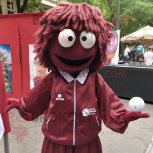 Maroon petanque ball mascot costume character dressed with Windbreaker and Hair clips