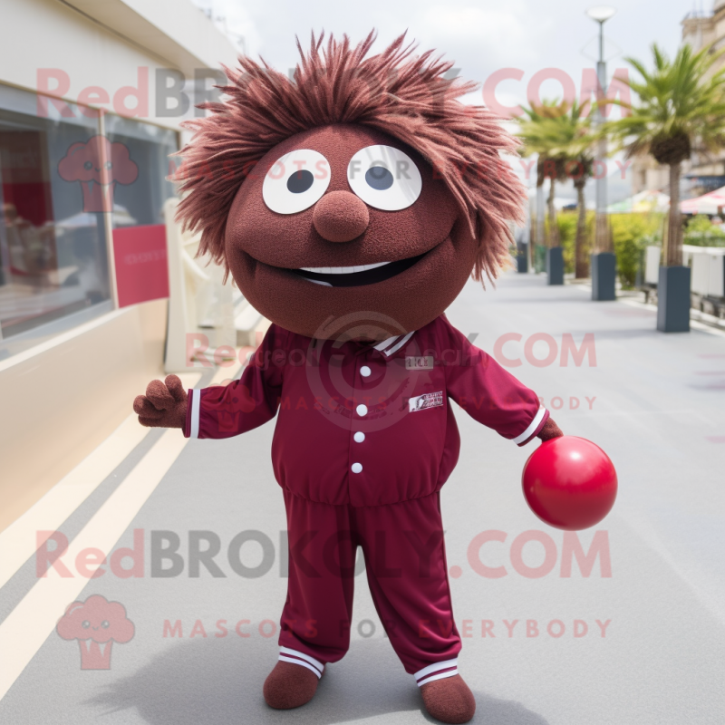 Maroon petanque ball mascot costume character dressed with Windbreaker and Hair clips