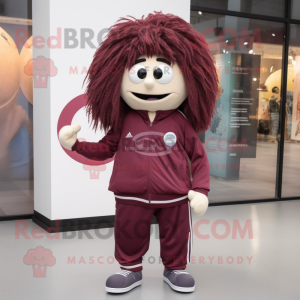 Maroon petanque ball mascot costume character dressed with Windbreaker and Hair clips