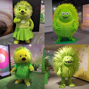 Lime Green Porcupine mascot costume character dressed with Pleated Skirt and Ties