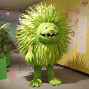 Lime Green Porcupine mascot costume character dressed with Pleated Skirt and Ties