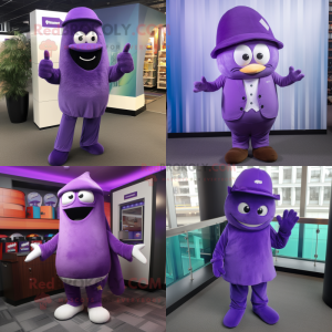 Personaggio del costume della mascotte di Purple Aglet vestito con pantaloni e berretti