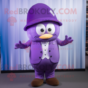 Personnage de costume de mascotte Aglet violet habillé avec un pantalon de costume et des bonnets