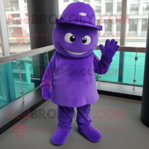 Personaggio del costume della mascotte di Purple Aglet vestito con pantaloni e berretti