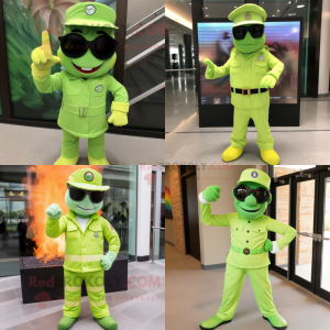 Lime Green fire fighter mascot costume character dressed with Dress Pants and Sunglasses