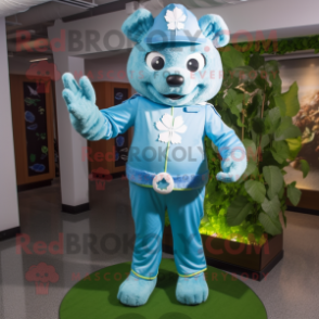 Sky Blue Four Leaf Clover mascot costume character dressed with Jumpsuit and Belts
