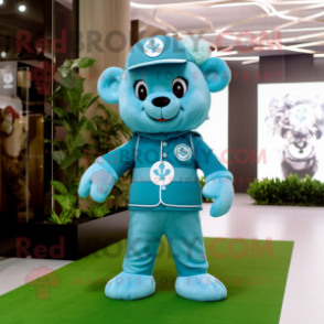 Sky Blue Four Leaf Clover mascot costume character dressed with Jumpsuit and Belts