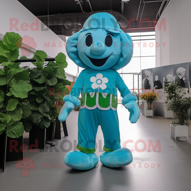 Sky Blue Four Leaf Clover mascot costume character dressed with Jumpsuit and Belts Sky Blue Four Leaf Clover mascot costume character dressed with Jumpsuit and Belts