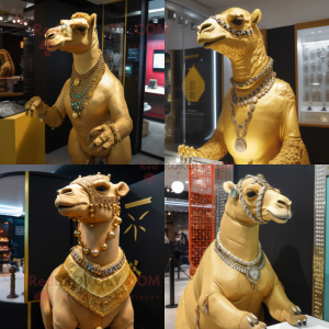 Personaje de traje de mascota de camello dorado vestido con Rash Guard y collares