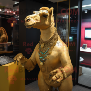 Kostýmová postava zlatého maskota Camel oblečená s Rash Guard a náhrdelníky