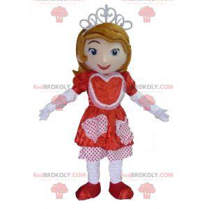 Mascotte de princesse avec une robe rouge et blanche -