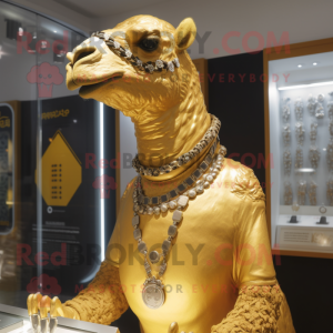 Gold Camel mascot costume character dressed with Rash Guard and Necklaces