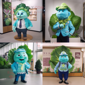 Turquoise Cabbage mascot costume character dressed with Oxford Shirt and Lapel pins