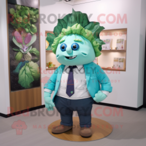 Turquoise Cabbage mascot costume character dressed with Oxford Shirt and Lapel pins