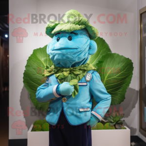Kostýmová postava maskota tyrkysového zelí s oxfordskou košilí a špendlíky do klopy