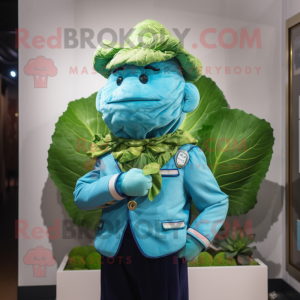 Turquoise Cabbage mascot costume character dressed with Oxford Shirt and Lapel pins