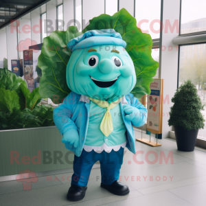 Turquoise Cabbage mascot costume character dressed with Oxford Shirt and Lapel pins