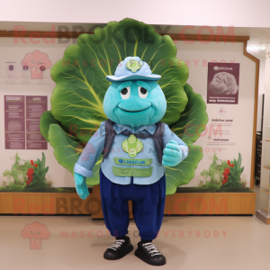 Turquoise Cabbage mascot costume character dressed with Oxford Shirt and Lapel pins