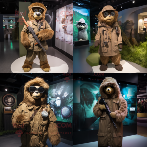 Personaje de traje de mascota de francotirador marrón vestido con parka y collares