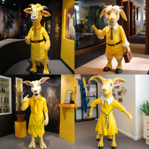Personnage de costume de mascotte de chèvre jaune habillé avec une robe fourreau et des cravates
