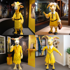 Yellow Goat mascot costume character dressed with Sheath Dress and Ties