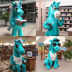 Turquoise Horse mascot costume character dressed with Tank Top and Reading glasses