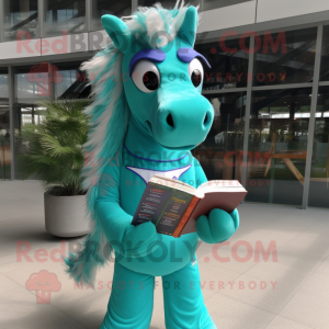 Turquoise Horse mascot costume character dressed with Tank Top and Reading glasses
