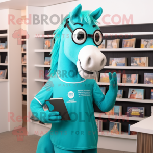 Turquoise Horse mascot costume character dressed with Tank Top and Reading glasses