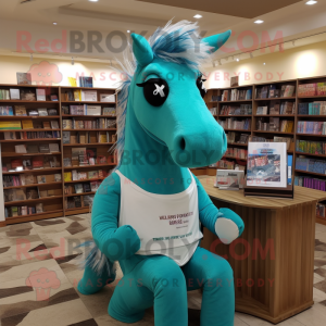 Turquoise Horse mascot costume character dressed with Tank Top and Reading glasses