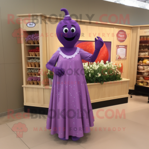 Personaggio del costume della mascotte di Lavender Pepper vestito con abito e orecchini a vita impero