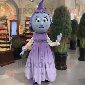 Personaje de disfraz de mascota de Lavender Pepper vestido con vestido de cintura imperio y aretes