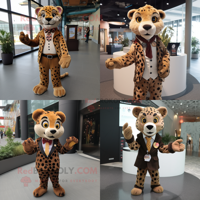 Brown Cheetah mascot costume character dressed with Blouse and Lapel pins