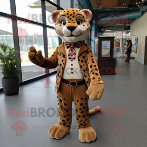 Brown Cheetah mascot costume character dressed with Blouse and Lapel pins