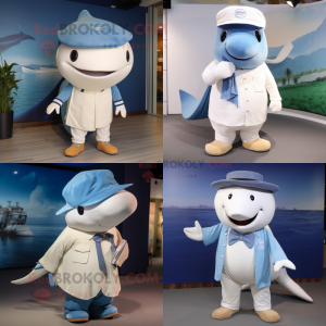 Cream Blue Whale mascot costume character dressed with Henley Shirt and Caps