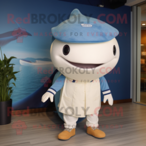 Cream Blue Whale mascot costume character dressed with Henley Shirt and Caps