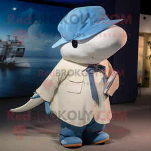 Cream Blue Whale mascot costume character dressed with Henley Shirt and Caps