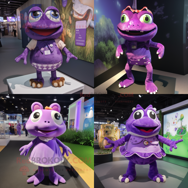 Purple Frog mascot costume character dressed with Mini Skirt and Keychains