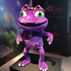 Purple Frog mascot costume character dressed with Mini Skirt and Keychains