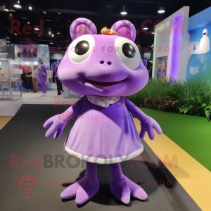 Personnage de costume de mascotte de grenouille violette habillé d'une mini jupe et de porte-clés